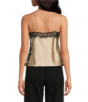 Gianni Bini Shira Woven Drapey Satin Contrast Lace Trim Square Neck Spaghetti Strap Camisole