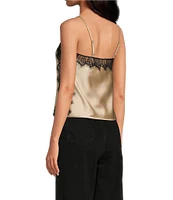 Gianni Bini Shira Woven Drapey Satin Contrast Lace Trim Square Neck Spaghetti Strap Camisole