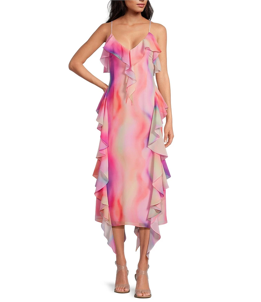 Gianni Bini Tammy Printed Chiffon Ruffle V-Neck Dress
