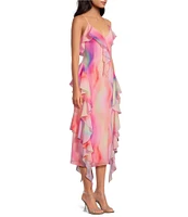Gianni Bini Tammy Printed Chiffon Ruffle V-Neck Dress