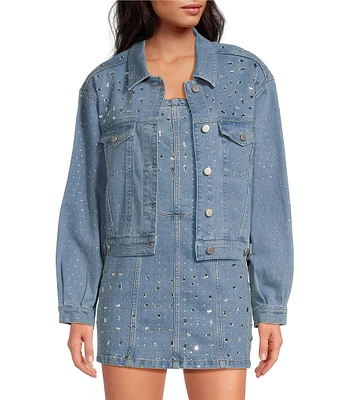 Gianni Bini Tara Point Collar Rhinestone Long Sleeve Denim Jacket