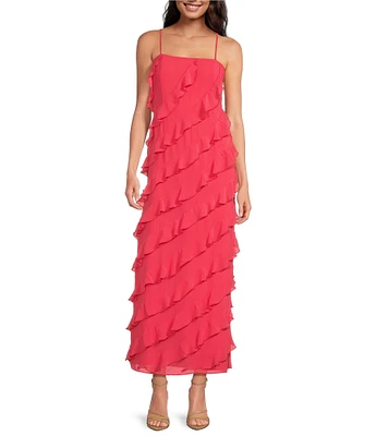 Gianni Bini Taylor Chiffon Straight Neckline Sleeveless Ruffle Long Dress