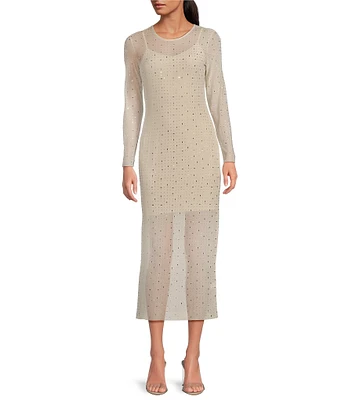 Gianni Bini Tilly Rhinestone Mesh Crew Neck Long Sleeve Midi Dress