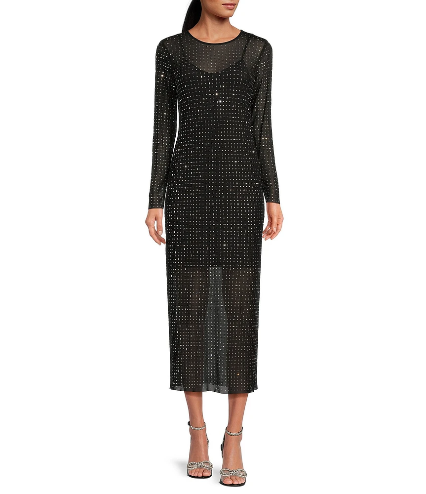 Gianni Bini Tilly Rhinestone Mesh Crew Neck Long Sleeve Sheath Dress