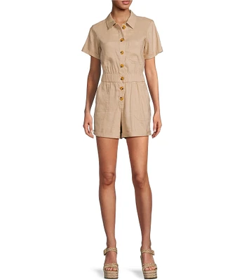 Gianni Bini Tori Linen Blend Button Down Short Sleeve Cuffed Hem Romper