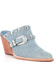 Gianni Bini Walden Western Denim Rhinestone Embellished Mules