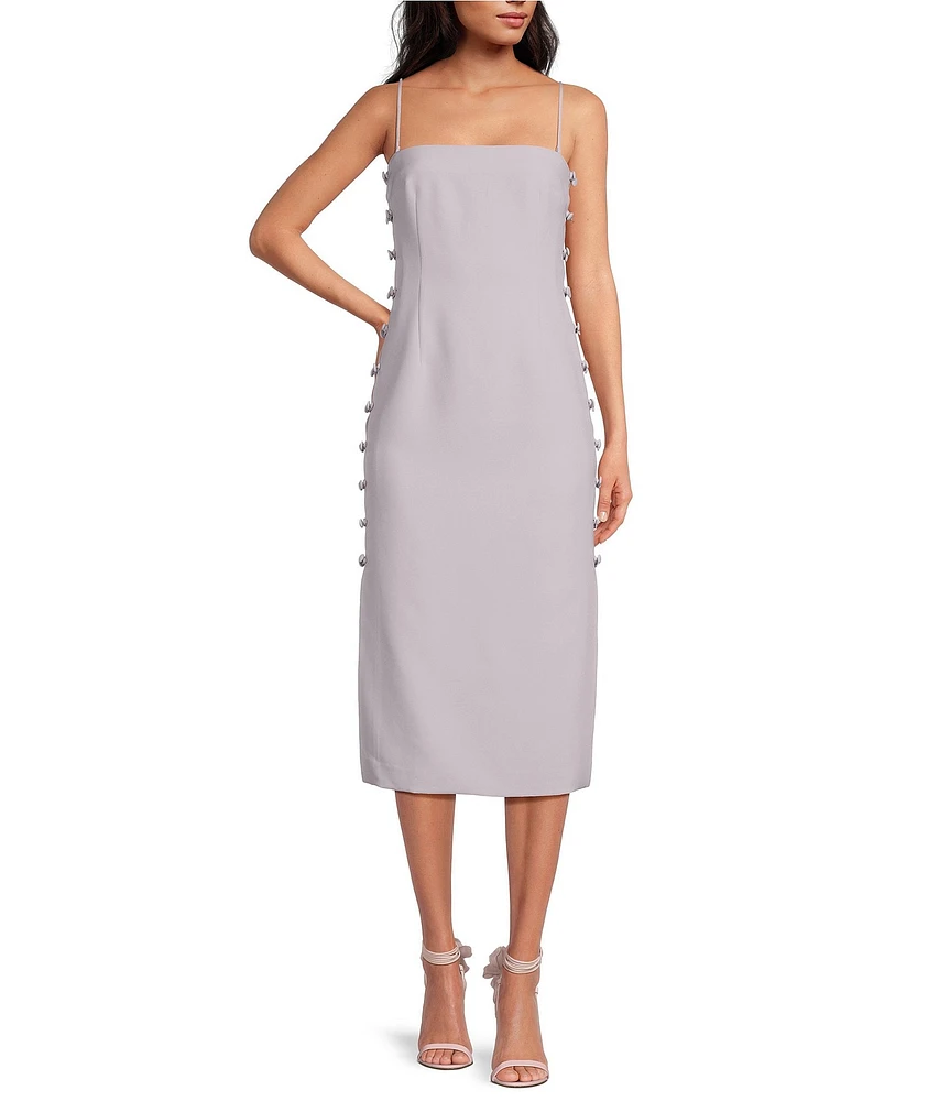 Gianni Bini x Caelynn Bell Tori Crepe Side Button Cut Out Bodycon Strapless Midi Dress