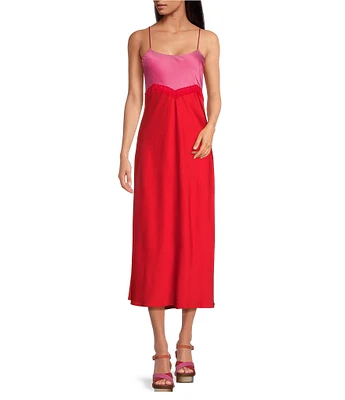 Gianni Bini x DANNIJO Helena Satin Two-Tone Colorblock Scoop Neck Maxi Slip Dress