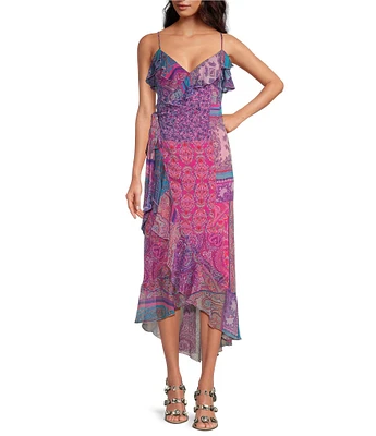 Gianni Bini x DANNIJO Isabella Printed V-Neck Sleeveless Ruffle Crinkle Chiffon Maxi Dress