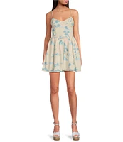 Gianni Bini x DANNIJO Kona Linen Blend Sweetheart Neckline Fit and Flare Palm Print Mini Dress