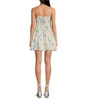 Gianni Bini x DANNIJO Kona Linen Blend Sweetheart Neckline Fit and Flare Palm Print Mini Dress