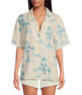 Gianni Bini x DANNIJO Margaux Palm Tree Print Woven Button Front Short Sleeve Linen Blend Blouse