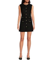 Gianni Bini x Lilly Sisto Alexandra Tweed Round Neck Sleeveless Embellished Button Front Mini Sheath Dress