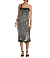 Gianni Bini x Lilly Sisto Allegra Sequin Lace Trim Square Neck Spaghetti Strap Slip Midi Dress