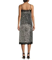 Gianni Bini x Lilly Sisto Allegra Sequin Lace Trim Square Neck Spaghetti Strap Slip Midi Dress