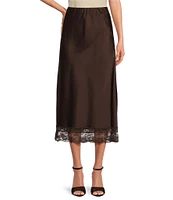 Gianni Bini x Lilly Sisto Leah Satin Lace Trim Mid Rise Slip Midi Skirt