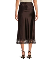 Gianni Bini x Lilly Sisto Leah Satin Lace Trim Mid Rise Slip Midi Skirt