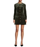 Gianni Bini x Lilly Sisto The Nan Velvet Round Neck Long Sleeve Embellished Button Front Mini Sheath Dress