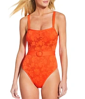 Gianni Bini x Shea Leigh Mills Spritz Lace Textured Bandeau Belted One Piece Swimsuit