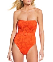 Gianni Bini x Shea Leigh Mills Spritz Lace Textured Bandeau Belted One Piece Swimsuit