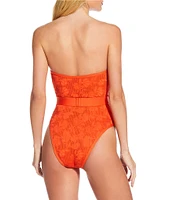 Gianni Bini x Shea Leigh Mills Spritz Lace Textured Bandeau Belted One Piece Swimsuit