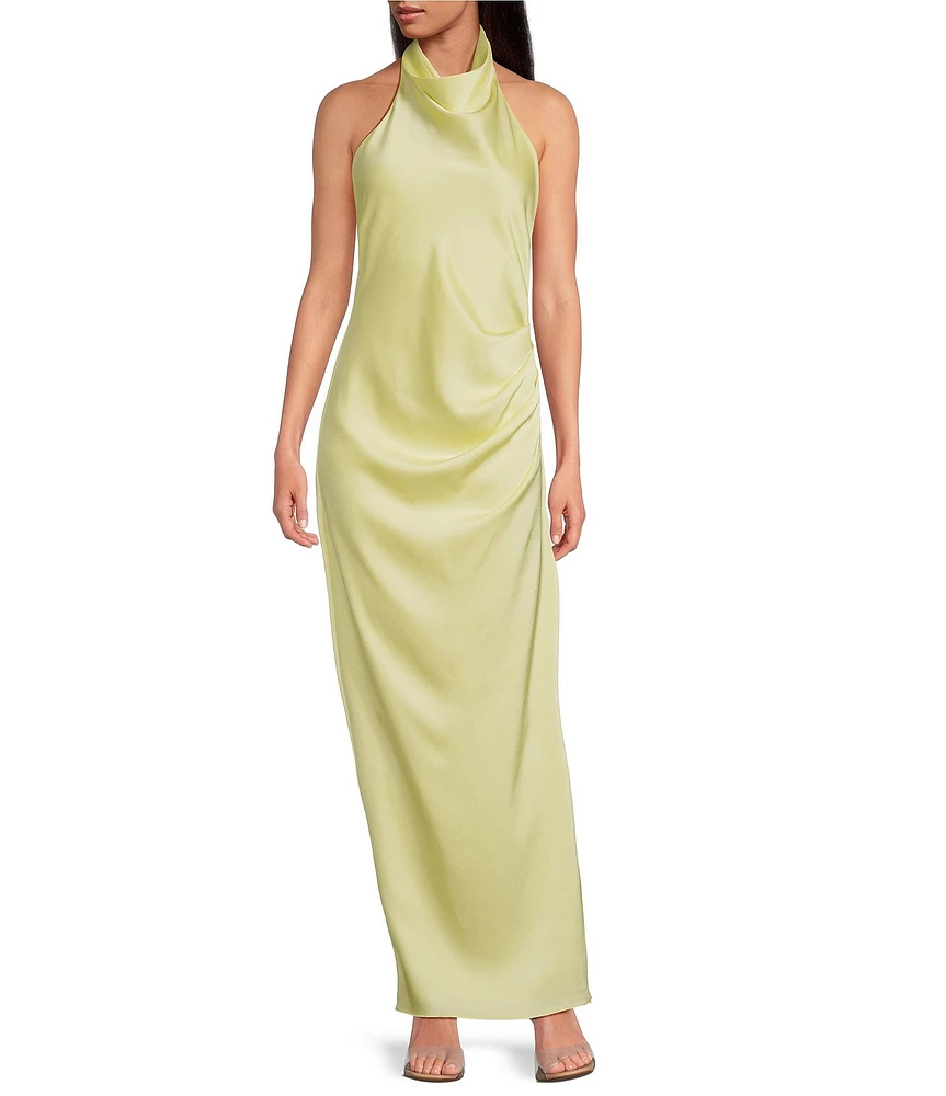Gianni Bini Yelena Satin High Mock Neck Sleeveless Long Sheath Dress