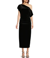 Gibson & Latimer Asymmetric One Off-the-Shoulder Short Sleeve Ruched Midi Velvet Knit Dress