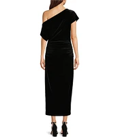 Gibson & Latimer Asymmetric One Off-the-Shoulder Short Sleeve Ruched Midi Velvet Knit Dress