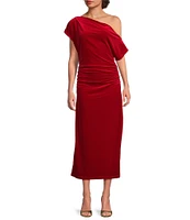 Gibson & Latimer Asymmetric One Off-the-Shoulder Short Sleeve Ruched Midi Velvet Knit Dress