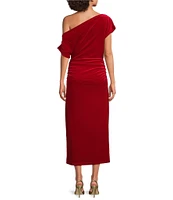 Gibson & Latimer Asymmetric One Off-the-Shoulder Short Sleeve Ruched Midi Velvet Knit Dress