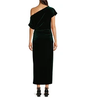 Gibson & Latimer Asymmetric One Off-the-Shoulder Short Sleeve Ruched Midi Velvet Knit Dress