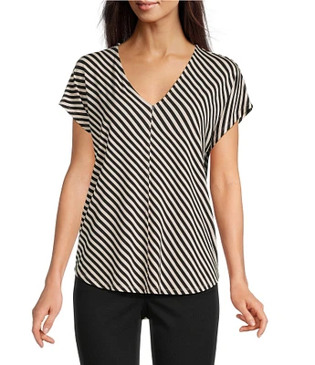 Gibson & Latimer Bias Stripe Knit V-Neck Dropped Short Sleeve Shell Shirttail Tee Shirt