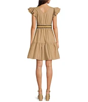 Gibson & Latimer Cap Flutter Sleeve V-Neck Belted Tiered A-Line Mini Dress