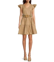 Gibson & Latimer Cap Flutter Sleeve V-Neck Belted Tiered A-Line Mini Dress