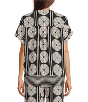 Gibson & Latimer Coordinating Fan Print Woven Split Round Dropped Short Roll Tab Sleeve Hi-Low Shirttail Blouse