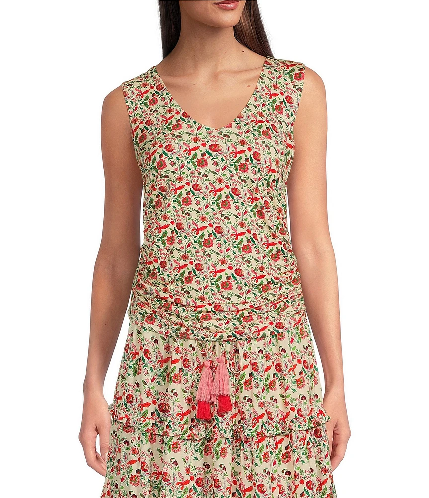 Gibson & Latimer Coordinating Floral Print Sleeveless V Neck Ruched Side Knit Tank Top