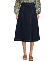 Gibson & Latimer Denim Rivet High Waist Wrap A-Line Midi Skirt