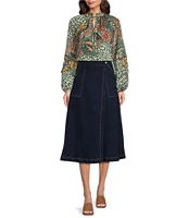 Gibson & Latimer Denim Rivet High Waist Wrap A-Line Midi Skirt