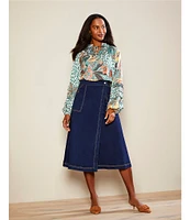 Gibson & Latimer Denim Rivet High Waist Wrap A-Line Midi Skirt