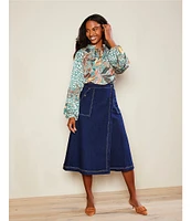 Gibson & Latimer Denim Rivet High Waist Wrap A-Line Midi Skirt