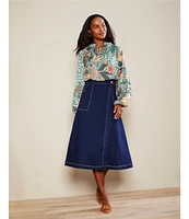 Gibson & Latimer Denim Rivet High Waist Wrap A-Line Midi Skirt