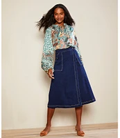 Gibson & Latimer Denim Rivet High Waist Wrap A-Line Midi Skirt