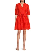 Gibson & Latimer Eyelet Split Round Neck Elbow Puff Sleeve Button Down Belted Scallop Hem Pocketed A-Line Dress