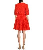 Gibson & Latimer Eyelet Split Round Neck Elbow Puff Sleeve Button Down Belted Scallop Hem Pocketed A-Line Dress