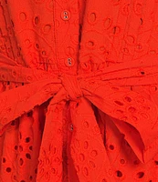 Gibson & Latimer Eyelet Split Round Neck Elbow Puff Sleeve Button Down Belted Scallop Hem Pocketed A-Line Dress