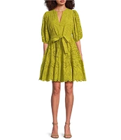 Gibson & Latimer Eyelet Split Round Neck Elbow Puff Sleeve Button Down Belted Scallop Hem Pocketed A-Line Dress