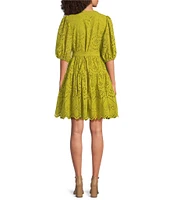 Gibson & Latimer Eyelet Split Round Neck Elbow Puff Sleeve Button Down Belted Scallop Hem Pocketed A-Line Dress