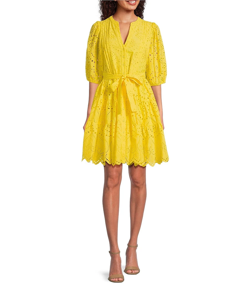 Gibson & Latimer Eyelet Split Round Neck Elbow Puff Sleeve Button Down Belted Scallop Hem Pocketed A-Line Dress