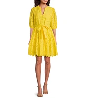 Gibson & Latimer Eyelet Split Round Neck Elbow Puff Sleeve Button Down Belted Scallop Hem Pocketed A-Line Dress