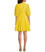 Gibson & Latimer Eyelet Split Round Neck Elbow Puff Sleeve Button Down Belted Scallop Hem Pocketed A-Line Dress